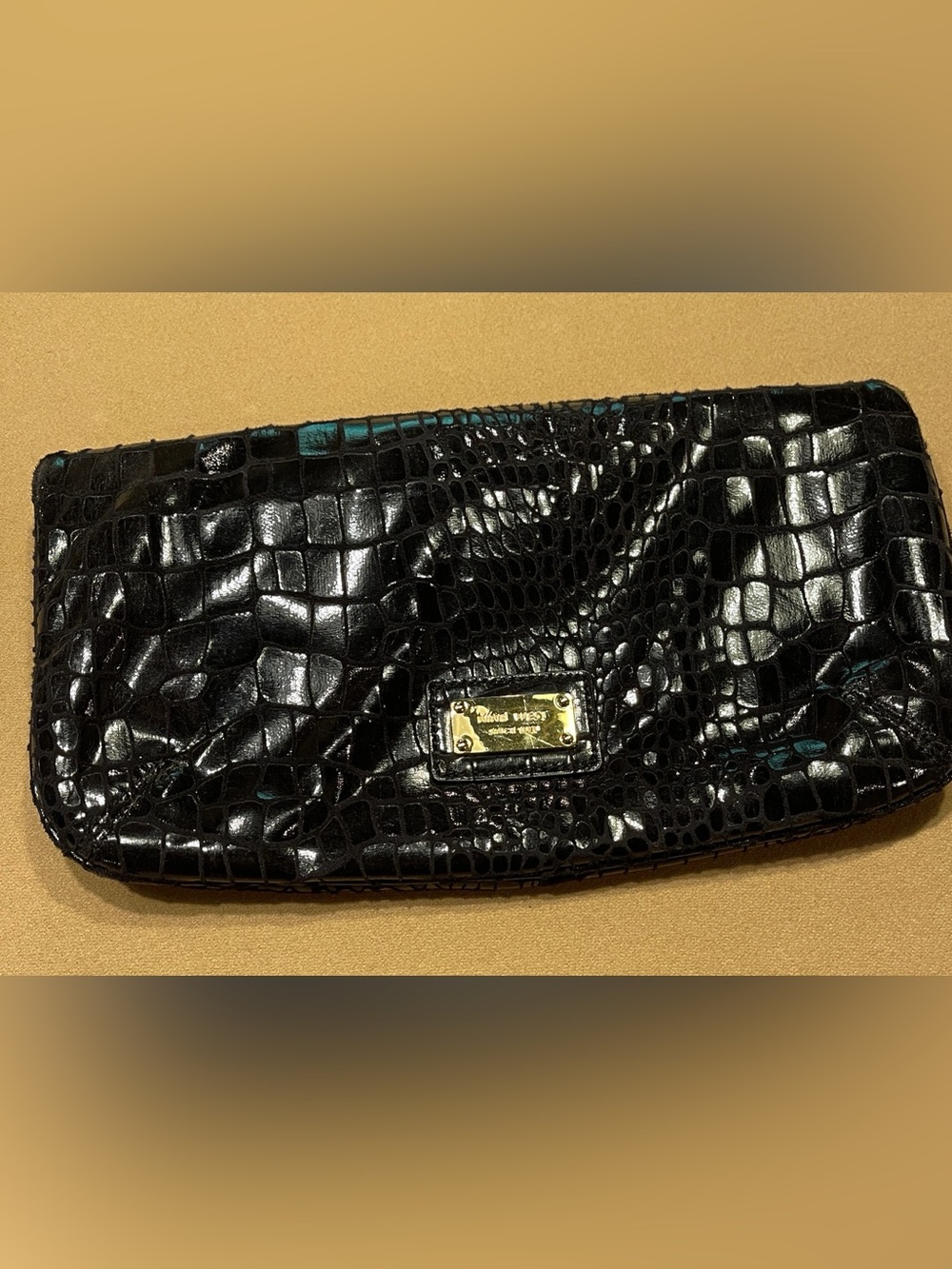 Black Croc-Embossed Women’s Clutch with Gold Plaque by Nine West